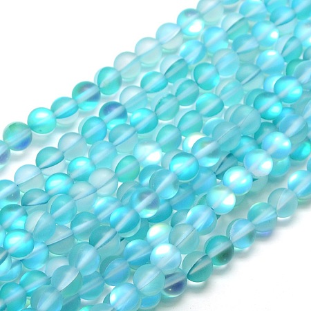 ARRICRAFT Synthetic Moonstone Beads Strands, Holographic Beads, Half AB Color Plated, Frosted, Round, Cyan, 10mm, Hole: 1mm, about 37pcs/strand, 15 inches