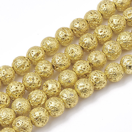 ARRICRAFT Electroplated Natural Lava Rock Beads Strands, Round, Bumpy, Gold, 10~10.5mm, Hole: 1.2mm, about 36pcs/strand, 15.5 inches