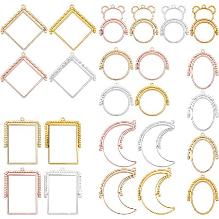 SUNNYCLUE Alloy Open Back Bezel Pendants(rotatable), For DIY Epoxy Resin, Pressed Flower Jewelry, Moon/Rhombus/Rectangle/Flat Round/Oval/Bear, Cadmium Free & Lead Free, Mixed Color, 44x35x3.5mm, Hole: 1.5mm, 24pcs/set