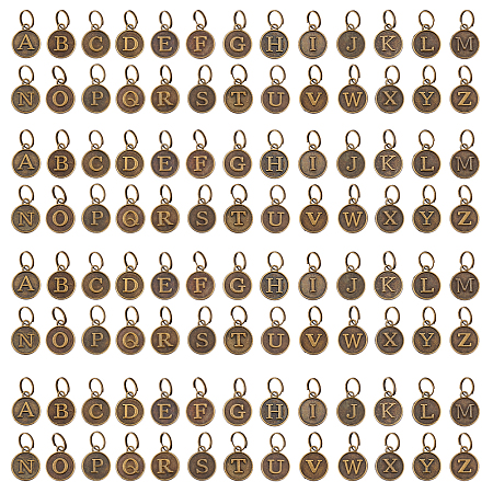 PandaHall Elite 4Sets Alloy Pendants, with Brass Split Rings, Antique Bronze, Flat Round, Letter A~Z, 14x12x2mm, Ring: 7x0.5mm, 6mm Inner Diameter, 26pcs/set