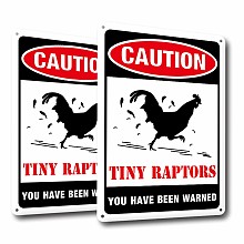 GLOBLELAND 2 Pack Caution Tiny Raptors Sign, PVC Funny Chicken Coop Signs for Farm, Kitchen, Rooster Hen House Decoration Indoor or Outdoor Use, 7x10 inches Waterproof