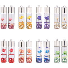 SUNNYCLUE Transparent Glass Bottle Pendants, with Resin & Synthetic Gemstone & Dried Flower Inside, Brass Findings, Platinum, Mixed Color, 44x11mm, Hole: 2mm; 8colours, 2pcs/colour, 16pcs/box