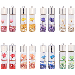 SUNNYCLUE Transparent Glass Bottle Pendants, with Resin & Synthetic Gemstone & Dried Flower Inside, Brass Findings, Platinum, Mixed Color, 44x11mm, Hole: 2mm; 8colours, 2pcs/colour, 16pcs/box