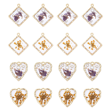 Light Gold Plated Alloy Pendants Sets, with Epoxy Resin and Dried Flower, Rhombus & Heart, Mixed Color, 30x27x2mm, Hole: 1.8mm & 23x20.5x2mm, Hole: 1.6mm, 16pcs/box