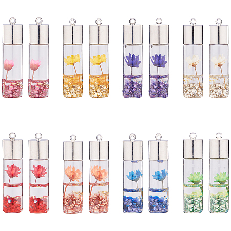 SUNNYCLUE Transparent Glass Bottle Pendants, with Resin & Synthetic Gemstone & Dried Flower Inside, Brass Findings, Platinum, Mixed Color, 44x11mm, Hole: 2mm; 8colours, 2pcs/colour, 16pcs/box