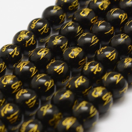 Arricraft Natural Agate Beads Strands, Om Mani Padme Hum, Round, Dyed & Heated, Black, 10mm, Hole: 1.5mm, about 38pcs/strand, 14 inches(35.6cm)