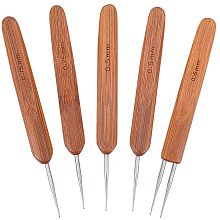 Steel Double Crochet Hook, Dreadlock Crochet Hook Needles, Bamboo Handle, Sienna, 133x13.5x5mm, Pin: 0.5mm and 0.75mm; 5pcs/set