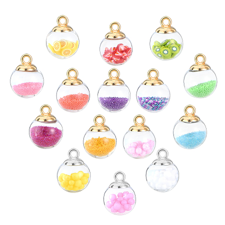Glass Ball Pendants, with Micro Beads, Polyfoam, Polymer Clay and CCB Plastic Findings, Round, Mixed Color, 21x15.5~16mm, Hole: 2mm; 15 colors, 6pcs/color, 90pcs/box