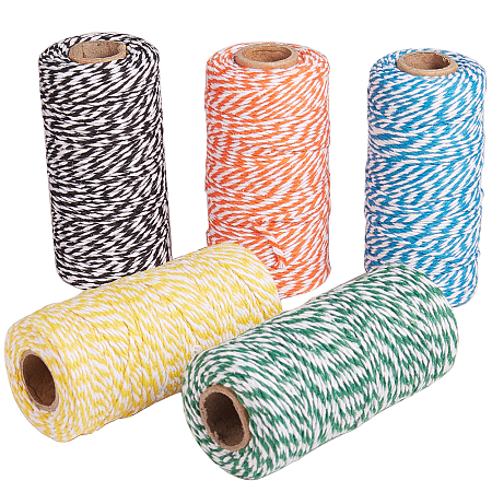 CRASPIRE Two Tone Striped Cotton String Threads, Decorative String Threads, for DIY Crafts, Gift Wrapping and Jewelry Making, Mixed Color, 1.5mm; about 100m/roll; 5colors, 1roll/color, 5rolls/set