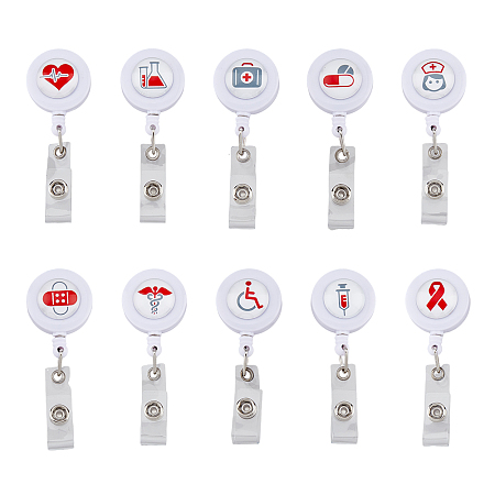SUPERFINDINGS ABS Plastic Retractable Badge Reels, Card Holders, with Platinum Clips, ID Badge Holder for Nurses, Flat Round, Medical Theme Pattern, White, 8.6cm, 10pcs/box
