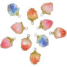 SUNNYCLUE Handmade Dried Flower Pendants, Covered with Clear Epoxy Resin, with Brass Peg Bails and Glass Micro Beads, Bud, Golden, Mixed Color, 14~15x9~10x9~10mm, Hole: 1.2mm, 10pcs/box