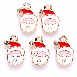 ARRICRAFT Alloy Enamel Pendants, with Crystal Rhinestone, for Christmas, Flat Back, Santa Claus, Light Gold, White, 17x12x2.5mm, Hole: 2mm