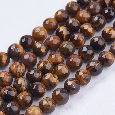 ARRICRAFT Natural Tiger Eye Round Bead Strands, Faceted, 8mm, Hole: 1mm, about 48pcs/strand, 14.9 inches
