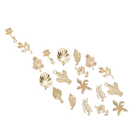 SUNNYCLUE Plant Theme Brass Pendants, Flower & Leaf, Real 18K Gold Plated, 10 shapes, 2pcs/shape, 20pcs/box