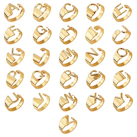 PandaHall Elite 26pcs Letter Adjustable Rings Golden Alphabet A to Z Ring Fashion Cuff Rings Resizable Ring for Women Jewelry Gift Valentine's Gift Valentine's Gift, 18mm/0.71inch