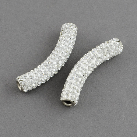 Honeyhandy Polymer Clay Grade A Rhinestone Curved Tube Beads, Curved Tube Noodle Beads, with Double Brass Platinum Color Core, Crystal, 46x9mm, Hole: 3.5mm