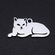 Honeyhandy 201 Stainless Steel Kitten Pendants, Laser Cut, Lying Cat Shape, Stainless Steel Color, 9.5x19x1mm, Hole: 1.2mm