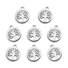 Honeyhandy 304 Stainless Steel Charms, Laser Cut, Flat Round with Tree, Stainless Steel Color, 12x10x1mm, Hole: 1.2mm