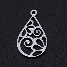 Honeyhandy 304 Stainless Steel Pendants, Filigree Joiners Findings, Laser Cut, teardrop, with Flower, Stainless Steel Color, 22x13x1mm, Hole: 1.4mm