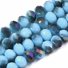 ARRICRAFT Electroplate Opaque Glass Beads Strands, Half Purple Plated, Faceted, Rondelle, Light Sky Blue, 8x6mm, Hole: 1mm, about 65~68pcs/strand, 15.7~16.1 inch(40~41cm)