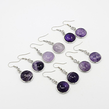 Honeyhandy Fashion Natural Amethyst Earrings, with Brass Earring Hooks, Half Round/Dome, 44~45x18~19mm, Pin: 0.6mm