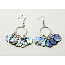 Honeyhandy Natural Abalone Shell/Paua ShellChandelier Earrings, with Brass Earring Hooks, Colorful, Size: about 31mm wide, 60mm long, 3.8mm thick, hook: 17mm long