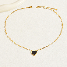 Honeyhandy Natural Shell Heart Pendant Necklaces with Golden Stainless Steel Paperclip Chains, Black, 18.11 inch(46cm)