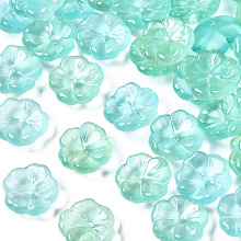 Honeyhandy Transparent Spray Painted Glass Beads, Half Frosted, Flower, Medium Sea Green, 15x15x6mm, Hole: 1.2mm