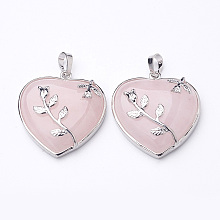 Honeyhandy Heart Natural Rose Quartz Pendants, with Platinum Plated Brass Pendant Settings, 42~46x31~33mm, Hole: 6mm