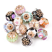 Honeyhandy Handmade Indonesia Alloy Beads, with Resin Findings and Rhinestone, Rondelle with Flower, Mixed Color, 15.5~18x15.5~20.5x15.5~20.5mm, Hole: 1.4~2mm