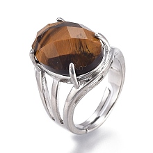 Honeyhandy Adjustable Faceted Natural Tiger Eye Finger Rings, with Platinum Brass Findings, Oval, Size 8, Inner Diameter: 18mm