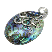 Honeyhandy Paua Shell Big Pendants, with Brass Pendant Setting, Nickel Metal Color, Colorful, 59~75x34~40x12mm, Hole: 4.5mm