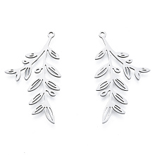 Honeyhandy 201 Stainless Steel Pendants, Leafy Branch Charms,  Leaf, Stainless Steel Color, 37.5x21x1mm, Hole: 1.5mm