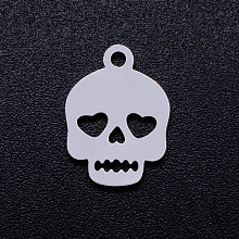 Honeyhandy 201 Stainless Steel Charms, Skull, Stainless Steel Color, 13.5x10x1mm, Hole: 1.4mm