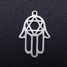 Honeyhandy 201 Stainless Steel Pendants, for Jewish, Hand/Hand of Fatima/Hand of Miriam with Star of David, Stainless Steel Color, 23x15x1mm, Hole: 1.4mm