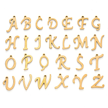 Honeyhandy Vacuum Plating 201 Stainless Steel Charms, Alphabet, Laser Cut, Golden, Letter A~Z, 10~14.5x4~14x1mm, Hole: 1mm, 26pcs/set.