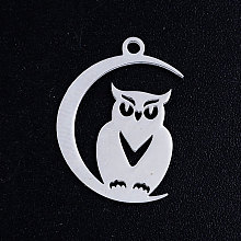 Honeyhandy 201 Stainless Steel Pendants, For Halloween, Owl with Moon, Stainless Steel Color, 20x14x1mm, Hole: 1.5mm