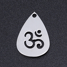 Honeyhandy Chakra Theme, 201 Stainless Steel Laser Cut Pendants, teardrop, with Aum/Om Symbol, Stainless Steel Color, 15x10x1mm, Hole: 1.2mm