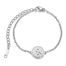 Honeyhandy Feng Shui 201 Stainless Steel Link Bracelets, with Cable Chains and Lobster Claw Clasps, Flat Round with YinYang, Stainless Steel Color, 6-3/8 inch~6-7/8 inch(16.3~17.4cm), 1.5mm