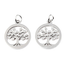 Honeyhandy 304 Stainless Steel Pendants, with Unsoldered Jump Rings, Flat Round with Tree of Life, Stainless Steel Color, 17x15x1mm, Jump Ring: 5x1mm, 3mm inner diameter