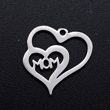 Honeyhandy 201 Stainless Steel Charms, Heart with Word Mom, for Mother's Day, Stainless Steel Color, 15x15x1mm, Hole: 1.2mm