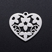 Honeyhandy 201 Stainless Steel Pendants, Heart with Flower, Stainless Steel Color, 15x16x1mm, Hole: 1.2mm