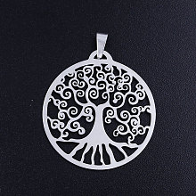 Honeyhandy 201 Stainless Steel Pendants, Flat Round with Tree, Stainless Steel Color, 32x29.5x1mm, Hole: 5x3mm