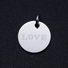 Honeyhandy 201 Stainless Steel Charms, with Jump Rings, Flat Round with Word LOVE, Stainless Steel Color, 12x1mm, Hole: 3mm