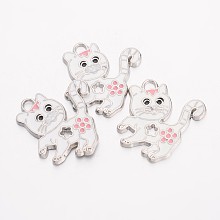 Honeyhandy Alloy Enamel Kitten Pendants, Cadmium Free & Lead Free, with Rhinestone, Cat with Flower Shape, Platinum, White, about 25.5mm long, 24mm wide, 2mm thick, hole: 2mm