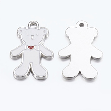 Honeyhandy Alloy Enamel Pendants, Lead Free and Cadmium Free, Bear, Platinum, White, about 27mm long, 17mm wide, 2mm thick, hole: 2mm