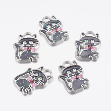 Honeyhandy Alloy Enamel Kitten Pendants, with Rhinestone, Lead Free and Cadmium Free, Cartoon Cat Shape, Platinum, Black, 19x14x3mm