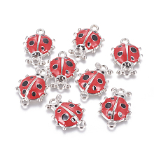 Honeyhandy Alloy Enamel Links connectors, Cadmium Free & Lead Free, Ladybug, Platinum Color, Crimson, Size: about 26mm long, 19mm wide, 5mm thick, hole: 3mm