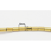 Honeyhandy Non-Magnetic Synthetic Hematite Beads Strands, Grade A, Column, Golden Plated, Size: about 3mm in diameter, 5mm long, hole: 1mm, about 81pcs/strand, 15.7