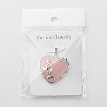 Honeyhandy Heart Natural Rose Quartz Pendants, with Platinum Plated Brass Pendant Settings, 42~46x31~33mm, Hole: 6mm